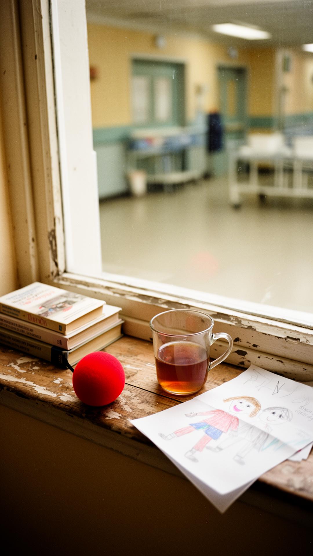 A red clown nose, a stack of books, a glass of tea and a child's drawing on a worn windowsill